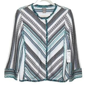 Chico's Cardigan Sweater Structured Muli stripe Snap front with fringe Size 1 /M